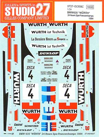 BMW635 WURTH スパ・フランコルシャン 24時間耐久 1984 デカール (スタジオ27 ツーリングカー/GTカー オリジナルデカール No.DC698C) 商品画像