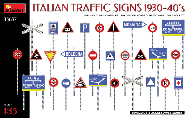 イタリア交通標識 1930-40年代 プラモデル (ミニアート 1/35 ビルディング＆アクセサリー シリーズ No.35637) 商品画像