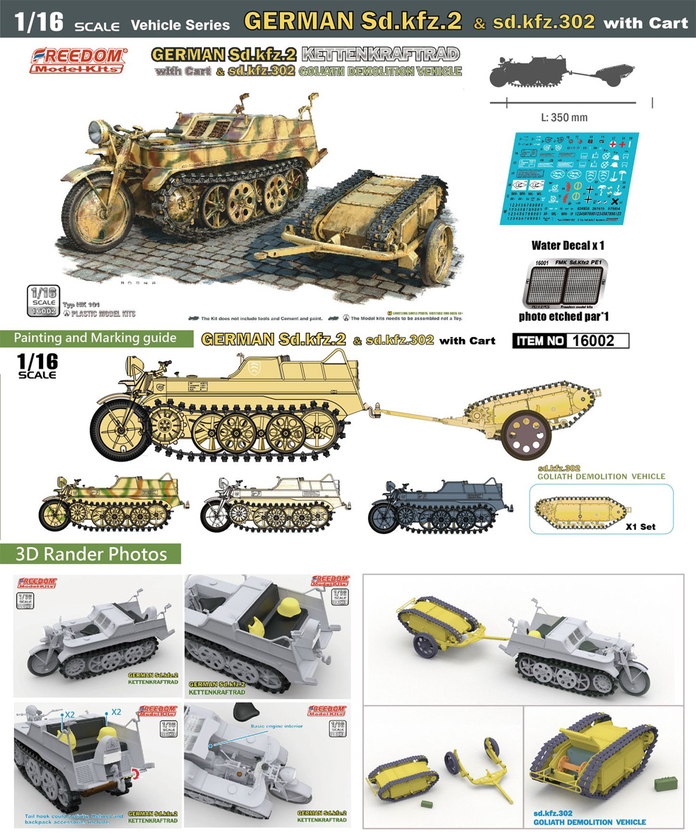 ドイツ Sd.kfz.2 ケッテンクラフトラート w/Sd.Kfz.302 ゴリアテ 軽爆薬運搬車輌 & カートセット プラモデル (フリーダムモデル 1/16 ミリタリー No.16002) 商品画像_1