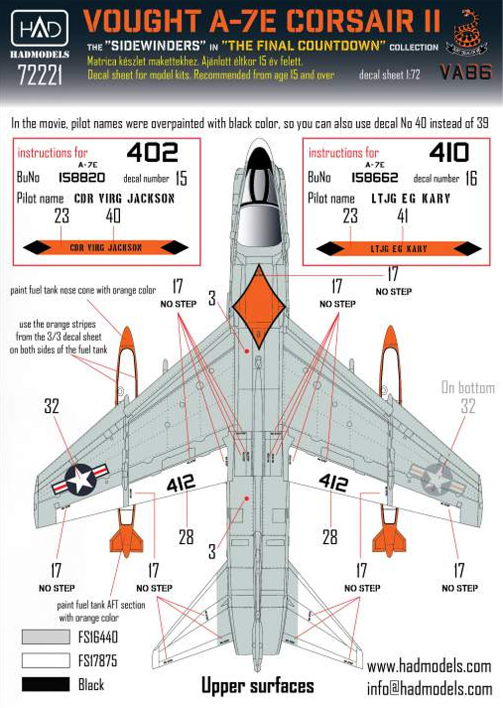 ヴォート A-7E コルセア 2 VA-86 サイドワインダーズ ファイナル・カウントダウン デカール デカール (HAD MODELS 1/72 デカール No.72221) 商品画像_3