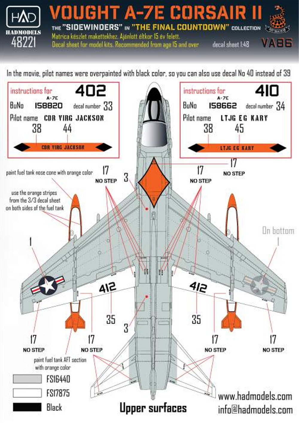 ヴォート A-7E コルセア 2 VA-86 サイドワインダーズ ファイナル・カウントダウン デカール デカール (HAD MODELS 1/48 デカール No.48221) 商品画像_3