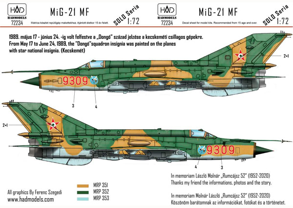 MiG-21MF ハンガリー空軍 #9309 デカール デカール (HAD MODELS 1/72 デカール No.72234) 商品画像