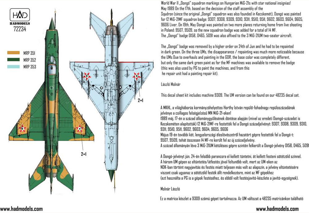 MiG-21MF ハンガリー空軍 #9309 デカール デカール (HAD MODELS 1/72 デカール No.72234) 商品画像_3