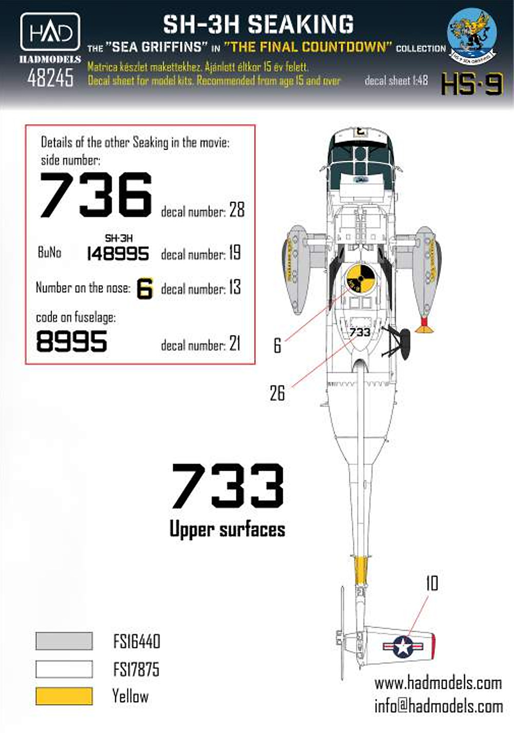 SH-3H シーキング HS-9 シー グリフィンズ ファイナル・カウントダウン デカール デカール (HAD MODELS 1/48 デカール No.48245) 商品画像_3