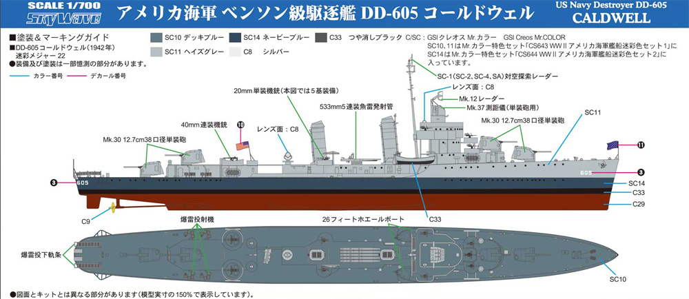 アメリカ海軍 ベンソン級駆逐艦 DD-605 コールドウェル エッチングパーツ付き プラモデル (ピットロード 1/700 スカイウェーブ W シリーズ No.W212E) 商品画像_1