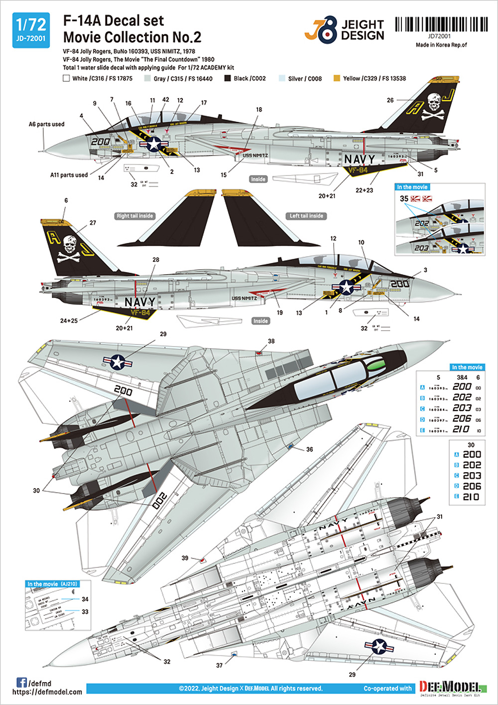 F-14A デカールセット ムービーコレクション No.2 VF-84 ジョリーロジャース 1978-80 (アカデミー用) デカール (DEF. MODEL デカール No.JD72001) 商品画像_3