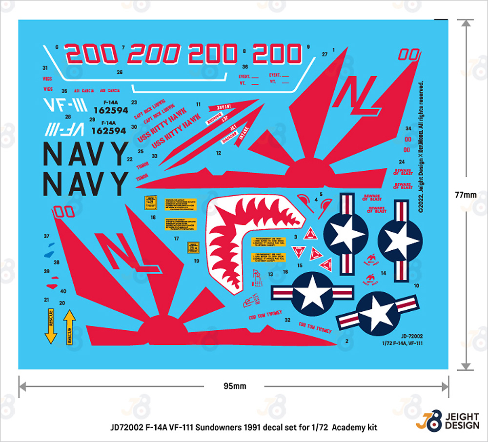 F-14A デカールセット VF-111 サンダウナーズ 1991 (アカデミー用) デカール (DEF. MODEL デカール No.JD72002) 商品画像_2