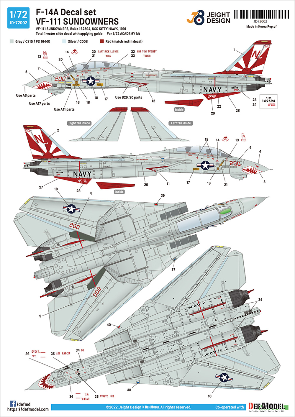 F-14A デカールセット VF-111 サンダウナーズ 1991 (アカデミー用) デカール (DEF. MODEL デカール No.JD72002) 商品画像_3