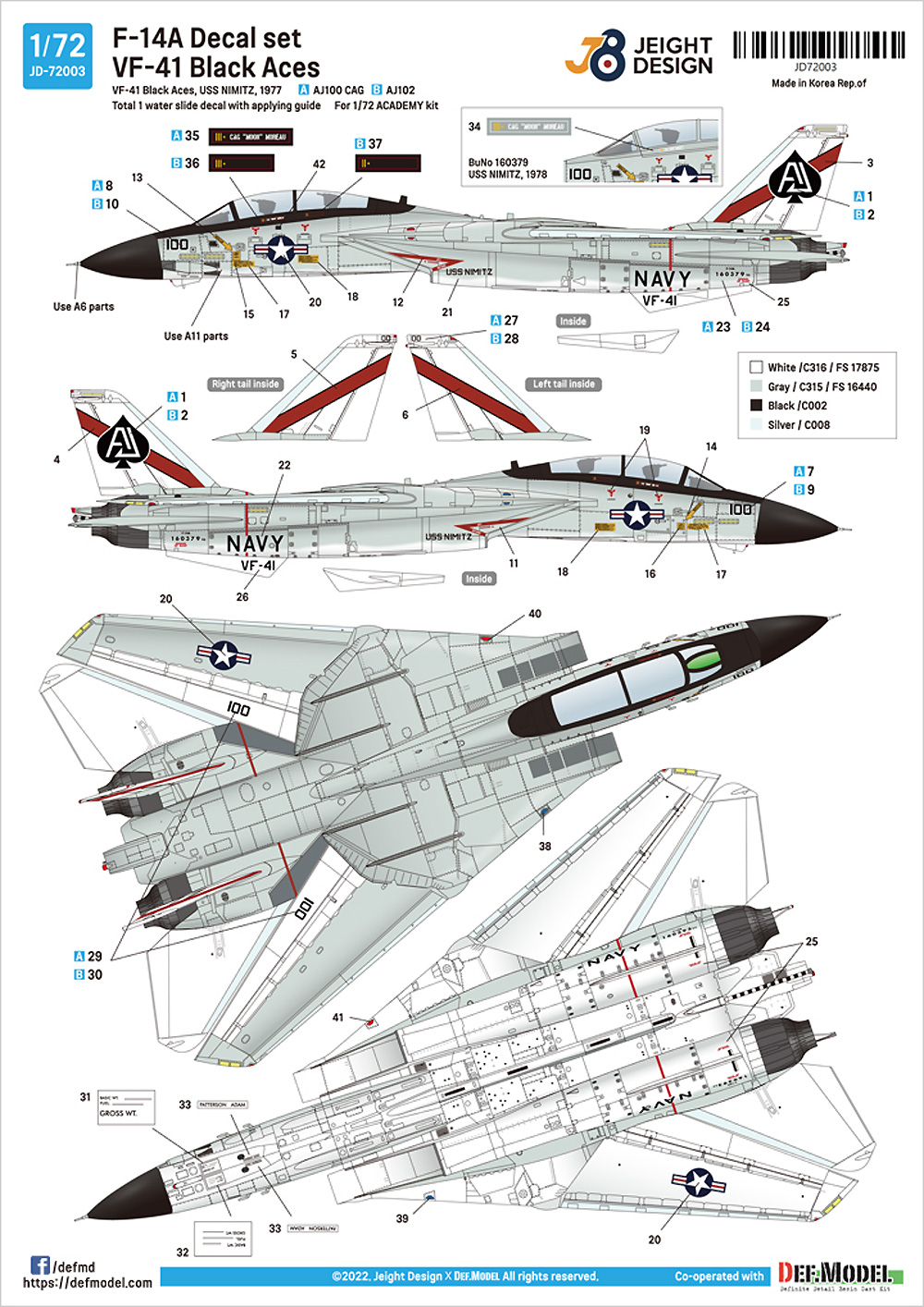 F-14A デカールセット VF-41 ブラックエース 1977 (アカデミー用) デカール (DEF. MODEL デカール No.JD72003) 商品画像_3