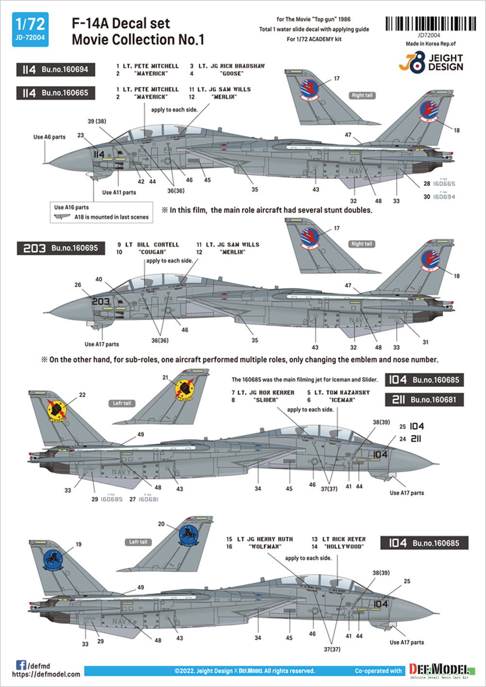 F-14A デカールセット ムービーコレクション No.1 トップガン 1986 デカール (DEF. MODEL デカール No.JD72004) 商品画像_3