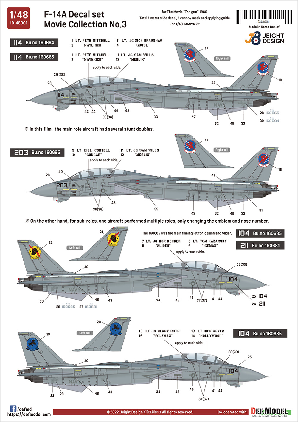 F-14A デカールセット ムービーコレクション No.3 トップガン 1986 (タミヤ用) デカール (DEF. MODEL デカール No.JD48001) 商品画像_3