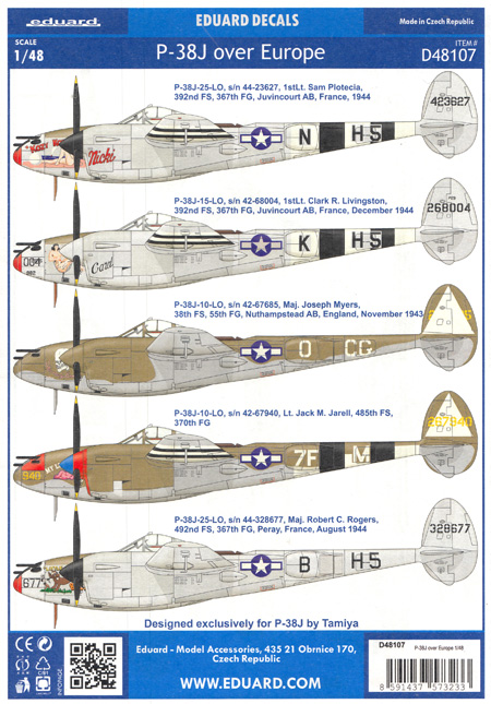 P-38J ヨーロッパ上空 デカール (タミヤ用) デカール (エデュアルド 1/48 デカール No.D48107) 商品画像