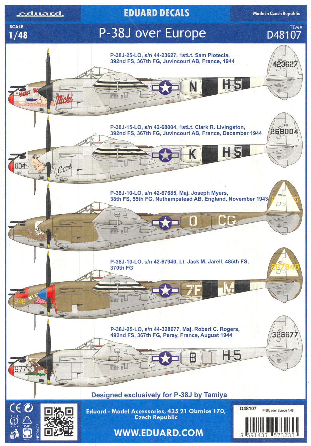 P-38J ヨーロッパ上空 デカール (タミヤ用) デカール (エデュアルド 1/48 デカール No.D48107) 商品画像_2