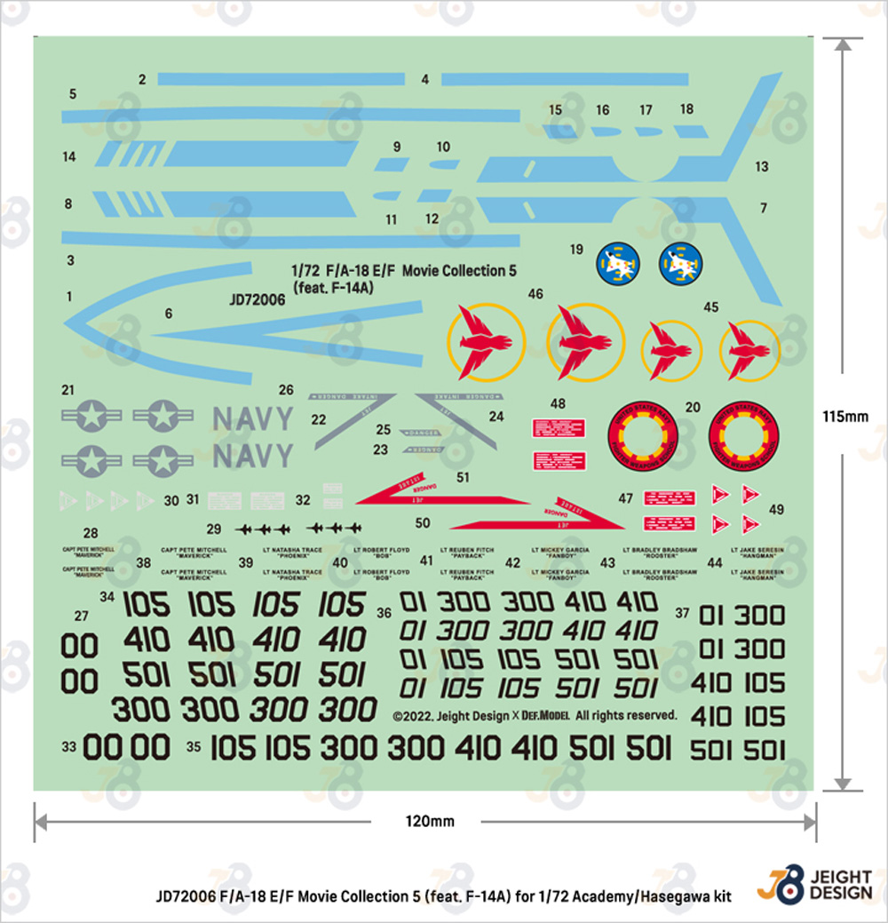 F/A-18E/F デカールセット ムービーコレクション No.5 「トップガン2022」 (ハセガワ/アカデミー用) デカール (DEF. MODEL デカール No.JD72006) 商品画像_1