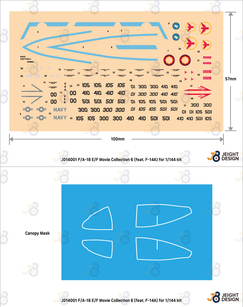 1/144 アメリカ海軍艦上戦闘機 F/A-18E/F デカールセット ムービーコレクション No.6 トップガン 2022 (レベル用) デカール (DEF. MODEL デカール No.JD14001) 商品画像_1