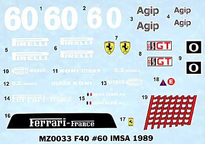 フェラーリ F40 #60 IMSA 1989年用 デカール デカール (MZデカール ミニッツレーサー対応 オリジナルデカール No.MZ0033) 商品画像