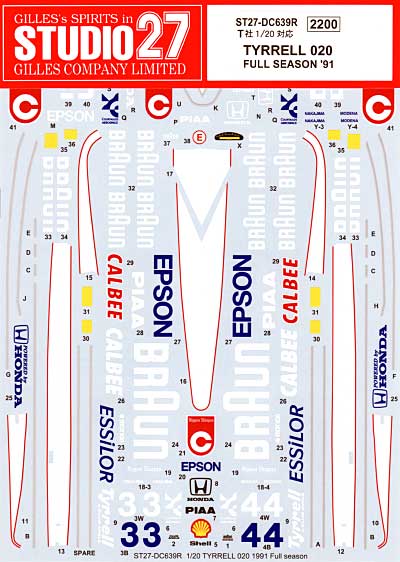 ティレル 020 フルシーズン 1991 デカール デカール (スタジオ27 F-1 オリジナルデカール No.DC639R) 商品画像