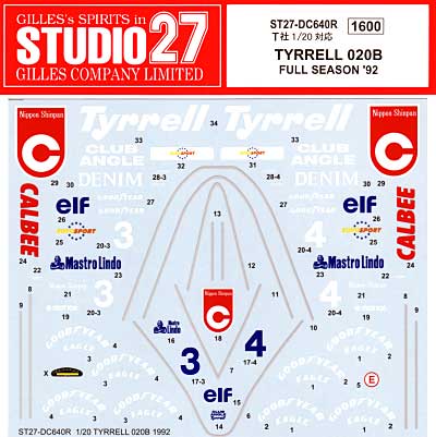 ティレル 020B フルシーズン 1992 デカール (スタジオ27 F-1 オリジナルデカール No.DC640R) 商品画像