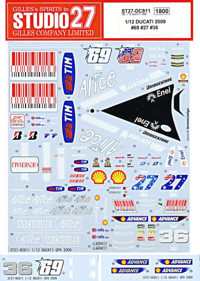 ドゥカティ 2009 #69 N.HAYDEN. #27 C.Stoner #36 M.KALLIO デカール (スタジオ27 バイク オリジナルデカール No.DC811) 商品画像