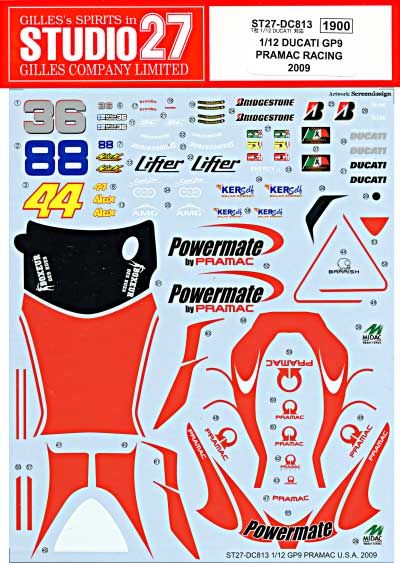 ドゥカティ GP9 PRAMAC RACING 2009 US GP (ラグナセカ & インディアナポリス) デカール (スタジオ27 バイク オリジナルデカール No.DC813) 商品画像