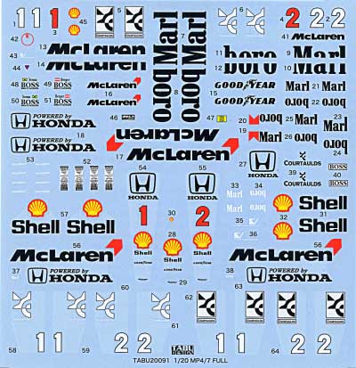 マクラーレン MP4/7 フルスポンサー　ピーリングデカール (タミヤ対応) デカール (タブデザイン 1/20 デカール No.TABU-20094) 商品画像