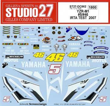 ヤマハ YZR-M1 #5/#46 SPECIAL IRTA TEST 2007 デカール (スタジオ27 バイク オリジナルデカール No.DC862) 商品画像