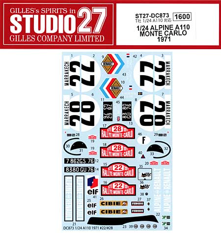 アルピーヌ A110 モンテカルロ 1971 デカール (スタジオ27 ラリーカー オリジナルデカール No.DC873) 商品画像