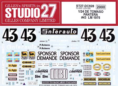 デ・トマソ パンテーラ #43 ル・マン 1975 デカール デカール (スタジオ27 ツーリングカー/GTカー オリジナルデカール No.DC928) 商品画像