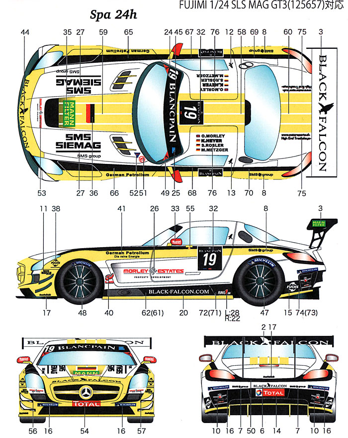 メルセデス ベンツ SLS AMG GT3 #19 ブラックファルコン 2012 デカール (スタジオ27 ツーリングカー/GTカー オリジナルデカール No.DC970) 商品画像_1