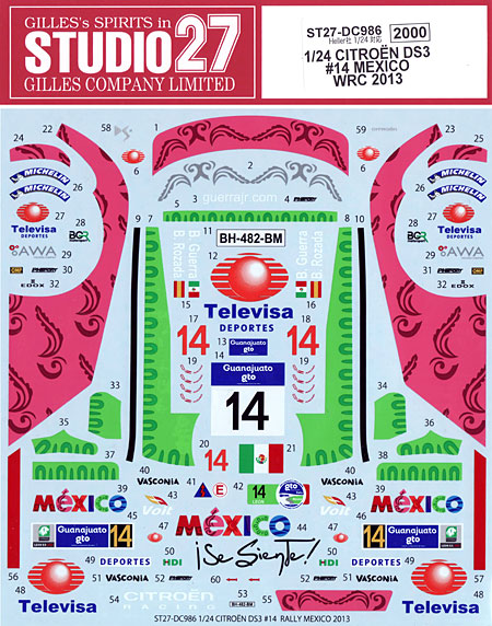 シトロエン DS3 #14 メキシコ WRC 2013 デカール (スタジオ27 ラリーカー オリジナルデカール No.DC986) 商品画像