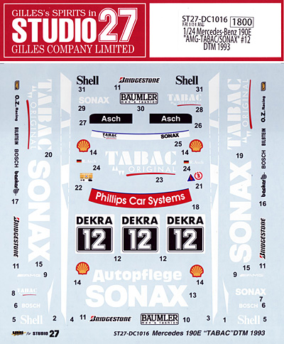 メルセデスベンツ 190E AMG-TABAC/SONAX #12 DTM 1993 デカール (スタジオ27 ツーリングカー/GTカー オリジナルデカール No.DC1016) 商品画像