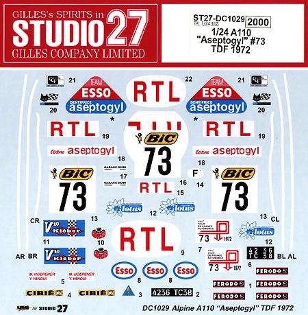 アルピーヌ・ルノー A110 アセプトジル #73 ツール・ド・フランス オート 1972 デカール (スタジオ27 ラリーカー オリジナルデカール No.DC1029) 商品画像