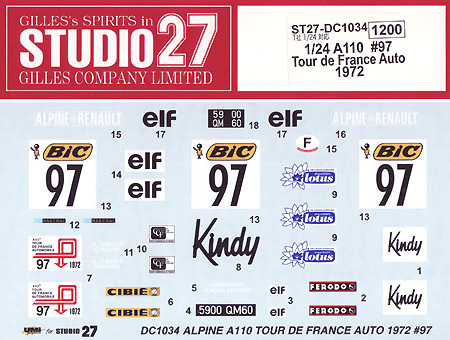 アルピーヌ ルノー A110 #97 ツール ド フランス オート 1972 デカール デカール (スタジオ27 ラリーカー オリジナルデカール No.DC1034) 商品画像