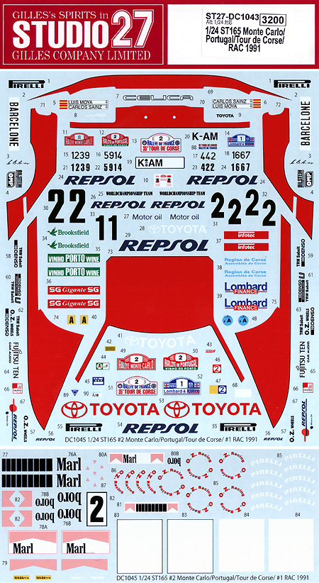 トヨタ セリカ ST165 モンテカルロ/ポルトガル/ツール・ド・コルス/RAC 1991 デカール (スタジオ27 ラリーカー オリジナルデカール No.DC1043) 商品画像