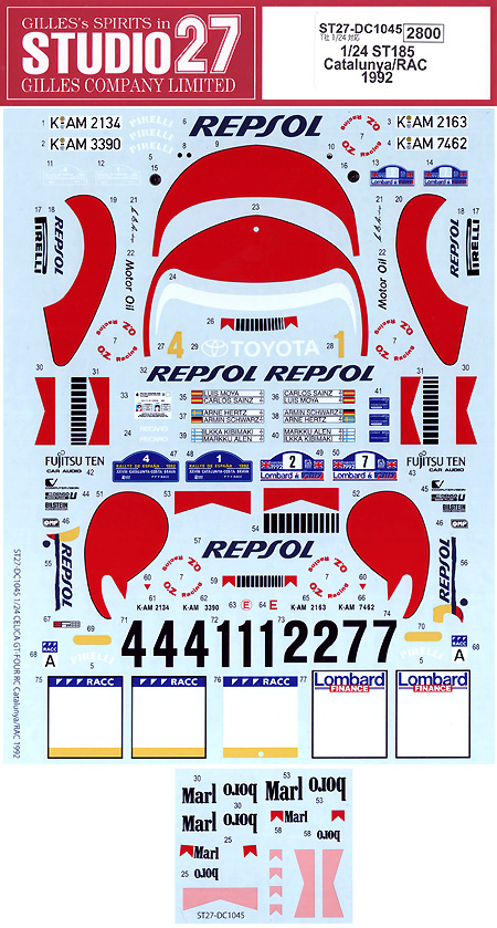 トヨタ セリカ ST185 カタルーニャ/RAC 1992 デカール (スタジオ27 ラリーカー オリジナルデカール No.DC1045) 商品画像