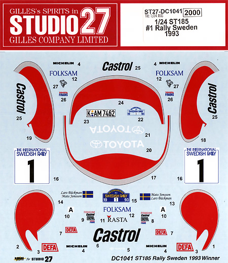 トヨタ セリカ ST185 #1 スウェーデンラリー 1993 デカール (スタジオ27 ラリーカー オリジナルデカール No.DC1041) 商品画像