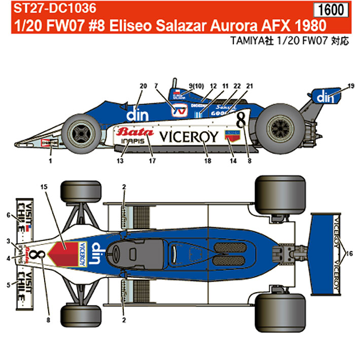 ウィリアムズ FW07 #8 エリセオ・サラザール Aurora AFX 1980 デカール (スタジオ27 F-1 オリジナルデカール No.DC1036) 商品画像_1