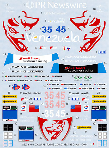アウディ R8 FLYING LIZARD #35/#45 デイトナ 2014 用 デカール デカール (MZデカール ミニッツレーサー対応 オリジナルデカール No.MZ0034) 商品画像