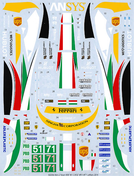 フェラーリ 458 AF CORSE #51/#71 ルマン 2014 用 デカール デカール (MZデカール ミニッツレーサー対応 オリジナルデカール No.MZ0036) 商品画像