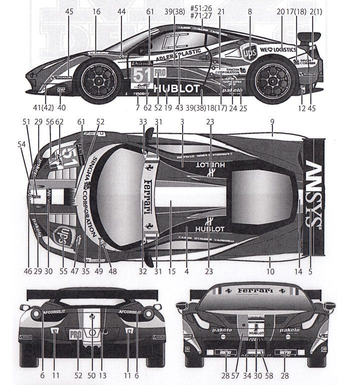 フェラーリ 458 AF CORSE #51/#71 ルマン 2014 用 デカール デカール (MZデカール ミニッツレーサー対応 オリジナルデカール No.MZ0036) 商品画像_1