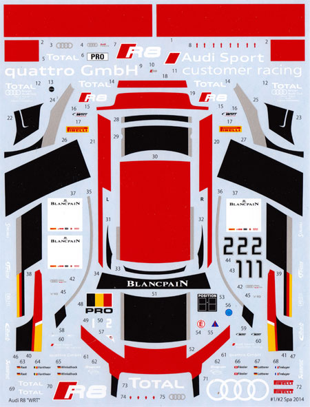 アウディ R8 WRT #1/#2 Spa 2014 デカール (MZデカール ミニッツレーサー対応 オリジナルデカール No.MZ0039) 商品画像