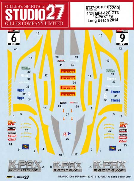 マクラーレン MP4-12C GT3 K-PAX #9 ロングビーチ 2014 デカール (スタジオ27 ツーリングカー/GTカー オリジナルデカール No.DC1061) 商品画像