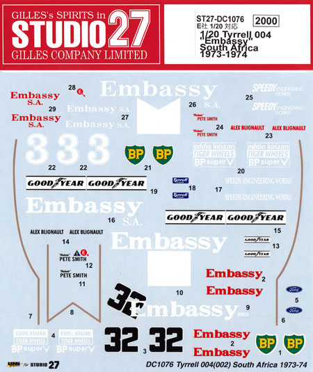 ティレル 004 Embassy 南アフリカ 1973-1974 デカール (スタジオ27 F-1 オリジナルデカール No.DC1076) 商品画像