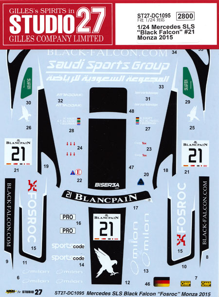 メルセデス SLS ブラックファルコン #21 モンツァ 2015 デカール (スタジオ27 ツーリングカー/GTカー オリジナルデカール No.DC1095) 商品画像