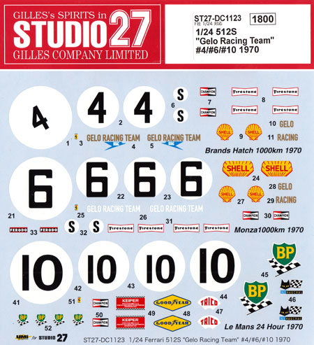 フェラーリ 512S Gelo Racing Team #4/#6/#10 1970 デカール (スタジオ27 ツーリングカー/GTカー オリジナルデカール No.DC1123) 商品画像