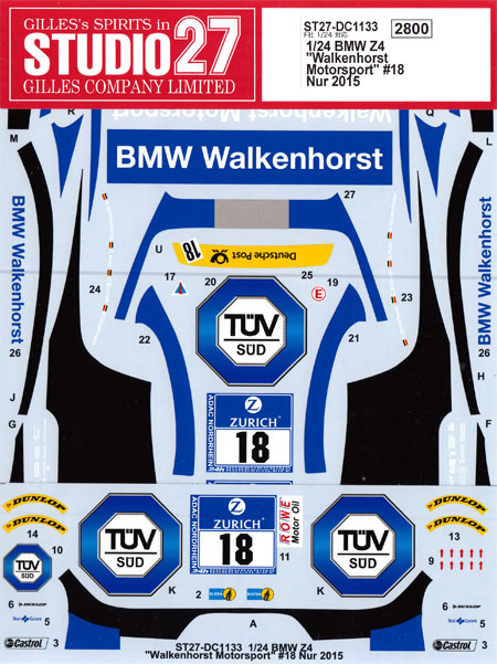 BMW Z4 ヴァルケンホースト モータースポーツ #18 ニュルブルクリンク 24時間 2015 デカール (スタジオ27 ツーリングカー/GTカー オリジナルデカール No.DC1133) 商品画像