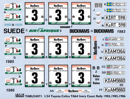 トヨタ セリカ TA64 アイボリーコーストラリー 1983、1985、1986 オプション デカール (タブデザイン 1/24 デカール No.TABU-24071) 商品画像