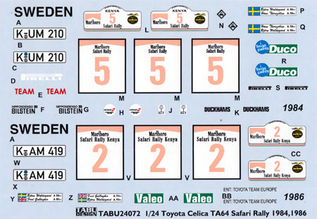 トヨタ セリカ TA64 サファリラリー 1984、1986 オプション デカール (タブデザイン 1/24 デカール No.TABU-24072) 商品画像