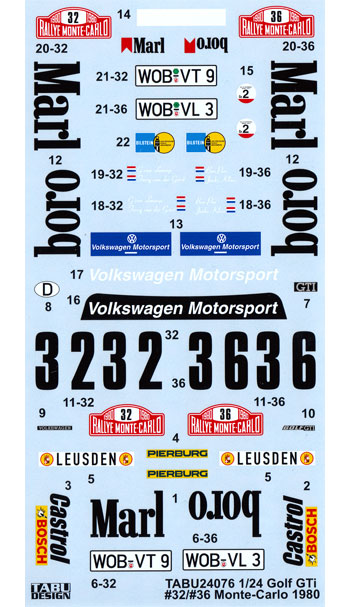 フォルクスワーゲン ゴルフ Gti #32/#36 モンテカルロラリー 1980 デカール デカール (タブデザイン 1/24 デカール No.TABU-24076) 商品画像