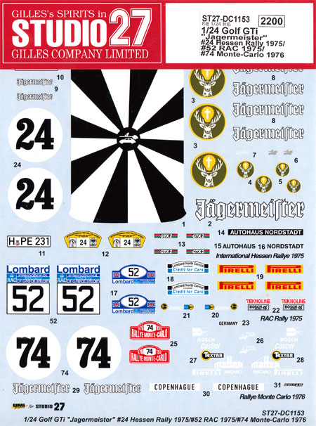 フォルクスワーゲン ゴルフ Gti イェーガーマイスター #24 ヘッセンラリー 1975/#52 RAC 1975/#74 モンテカルロラリー 1976 デカール (スタジオ27 ラリーカー オリジナルデカール No.DC1153) 商品画像